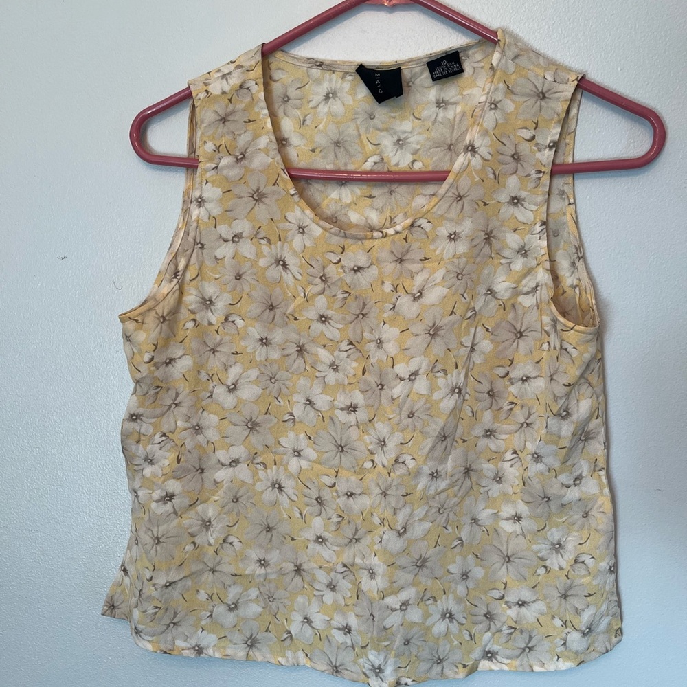 Floral Sleeveless Top yellow cream white 100% silk vintage cottage core